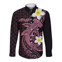 Aloha Hammerhead Shark Long Sleeve Button Shirt Vivacious Pink Hawaiian Kakau Tribal Tattoo