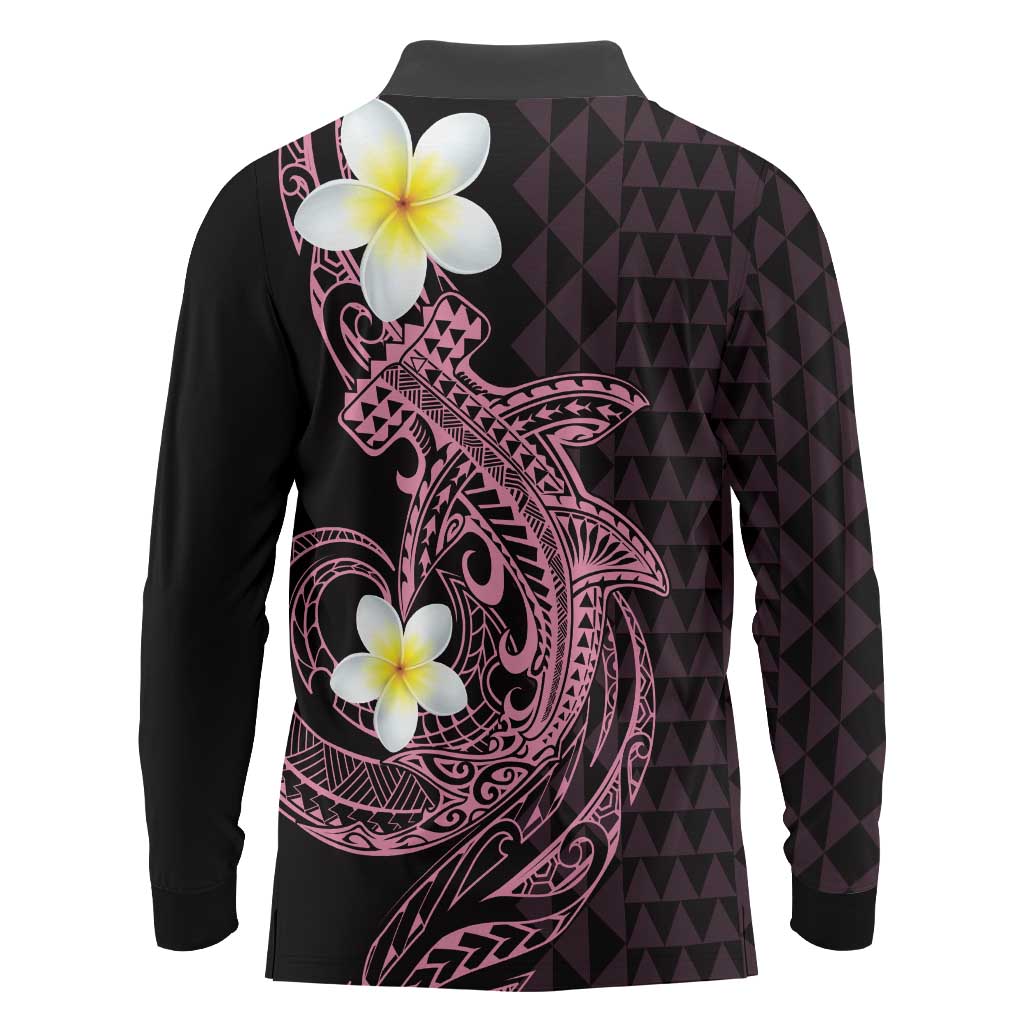 Aloha Hammerhead Shark Long Sleeve Polo Shirt Vivacious Pink Hawaiian Kakau Tribal Tattoo