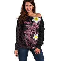 Aloha Hammerhead Shark Off Shoulder Sweater Vivacious Pink Hawaiian Kakau Tribal Tattoo