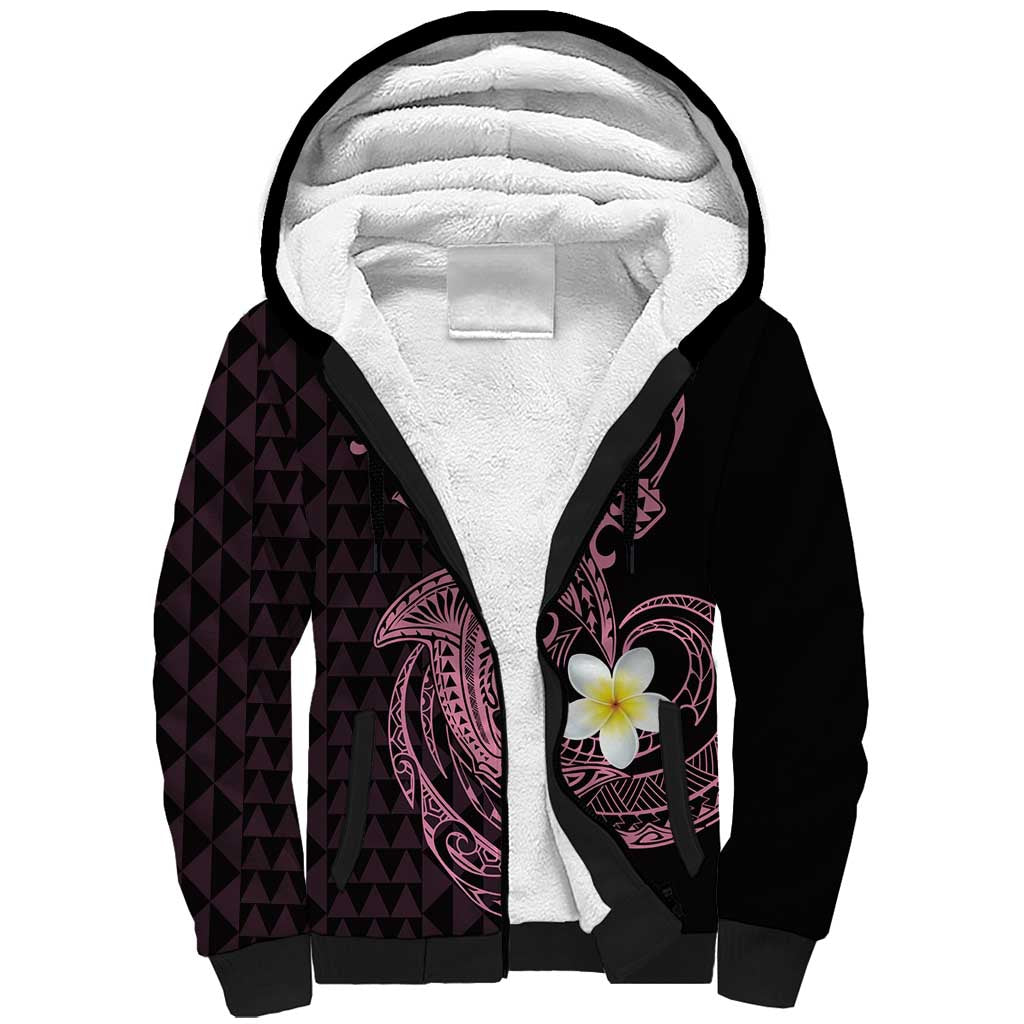 Aloha Hammerhead Shark Sherpa Hoodie Vivacious Pink Hawaiian Kakau Tribal Tattoo