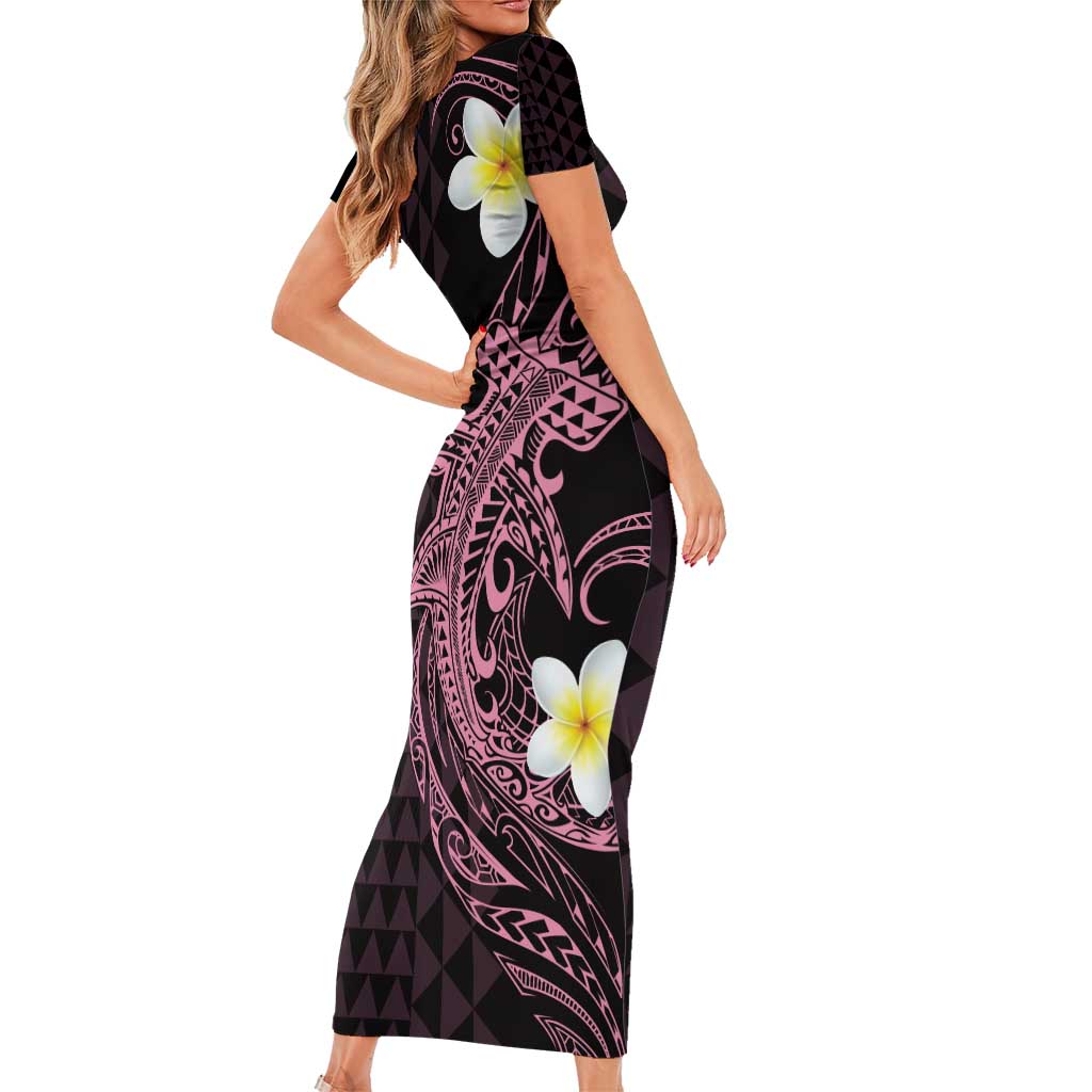 Aloha Hammerhead Shark Short Sleeve Bodycon Dress Vivacious Pink Hawaiian Kakau Tribal Tattoo