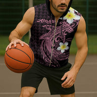 Aloha Hammerhead Shark Sleeveless Zip Hoodie Vivacious Pink Hawaiian Kakau Tribal Tattoo - Polynesian Pride