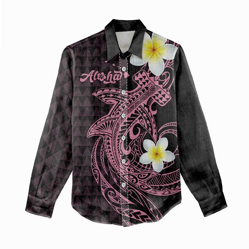 Aloha Hammerhead Shark Women Casual Shirt Vivacious Pink Hawaiian Kakau Tribal Tattoo