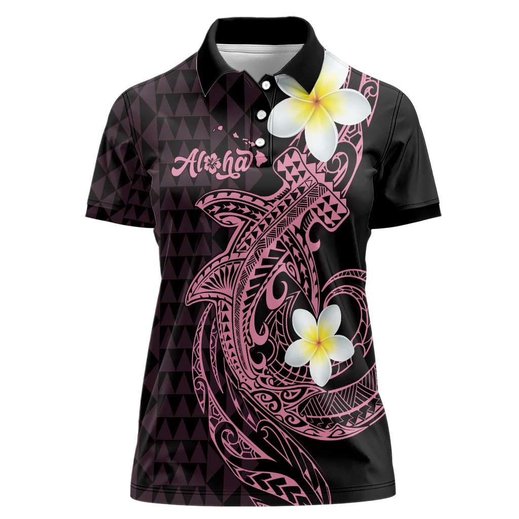 Aloha Hammerhead Shark Women Polo Shirt Vivacious Pink Hawaiian Kakau Tribal Tattoo