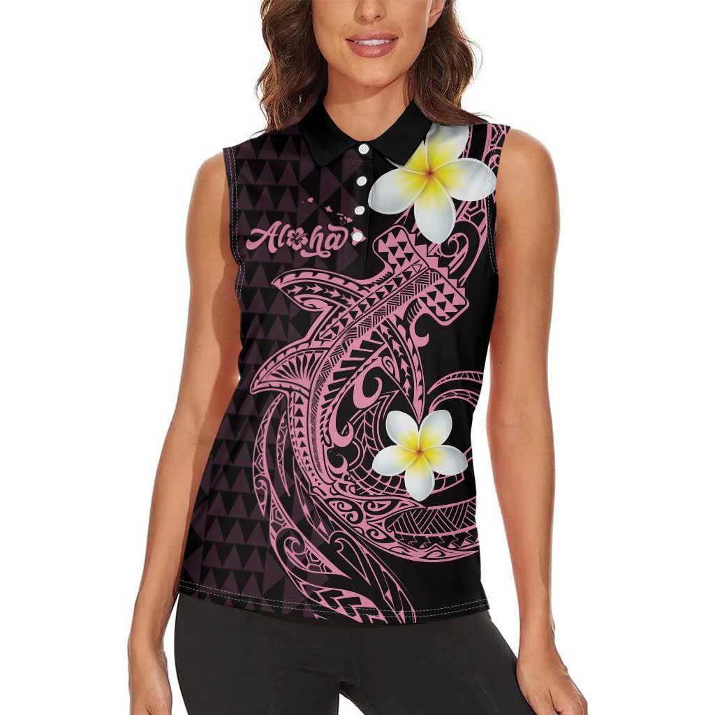 Aloha Hammerhead Shark Women Sleeveless Polo Shirt Vivacious Pink Hawaiian Kakau Tribal Tattoo