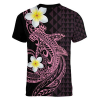Aloha Hammerhead Shark Women V-Neck T-Shirt Vivacious Pink Hawaiian Kakau Tribal Tattoo