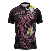 Aloha Hammerhead Shark Zipper Polo Shirt Vivacious Pink Hawaiian Kakau Tribal Tattoo - Polynesian Pride