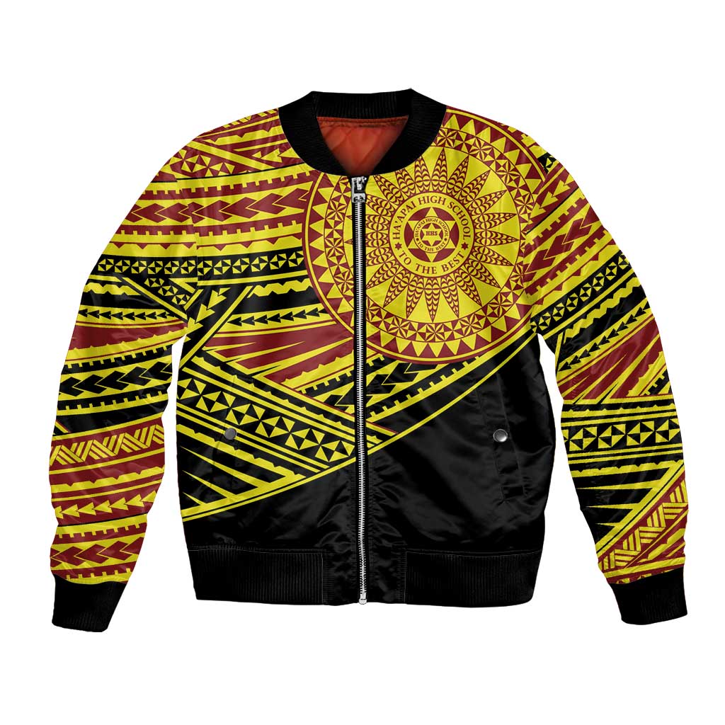 Personalised Tonga Ha apai High School Bomber Jacket Ngatu Fonulei Pattern LT9 Unisex Gold - Polynesian Pride