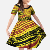 Personalised Tonga Ha apai High School Family Matching Long Sleeve Bodycon Dress and Hawaiian Shirt Ngatu Fonulei Pattern LT9 Daughter's Dress Gold - Polynesian Pride