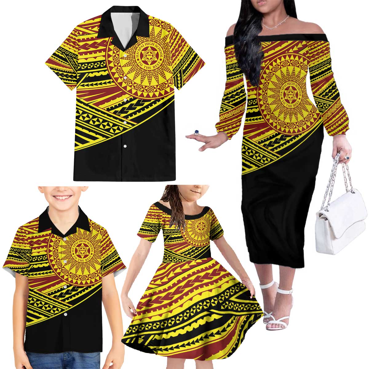 Personalised Tonga Ha apai High School Family Matching Off The Shoulder Long Sleeve Dress and Hawaiian Shirt Ngatu Fonulei Pattern LT9 - Polynesian Pride