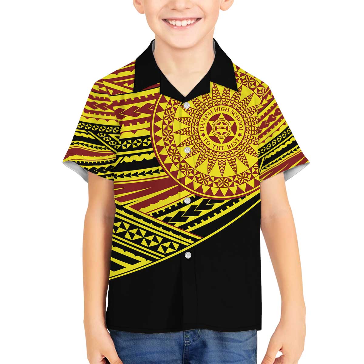 Personalised Tonga Ha apai High School Family Matching Off The Shoulder Long Sleeve Dress and Hawaiian Shirt Ngatu Fonulei Pattern LT9 Son's Shirt Gold - Polynesian Pride