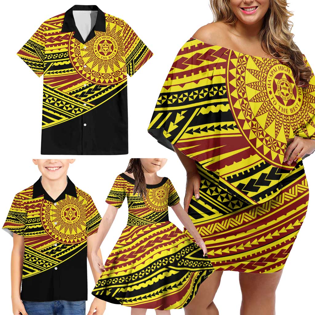 Personalised Tonga Ha apai High School Family Matching Off Shoulder Short Dress and Hawaiian Shirt Ngatu Fonulei Pattern