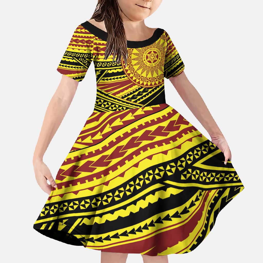 Personalised Tonga Ha apai High School Family Matching Short Sleeve Bodycon Dress and Hawaiian Shirt Ngatu Fonulei Pattern LT9 Daughter's Dress Gold - Polynesian Pride