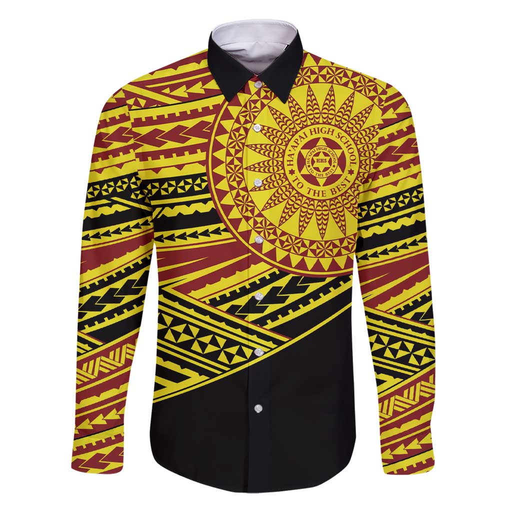 Personalised Tonga Ha apai High School Family Matching Short Sleeve Bodycon Dress and Hawaiian Shirt Ngatu Fonulei Pattern LT9 Dad's Shirt - Long Sleeve Gold - Polynesian Pride