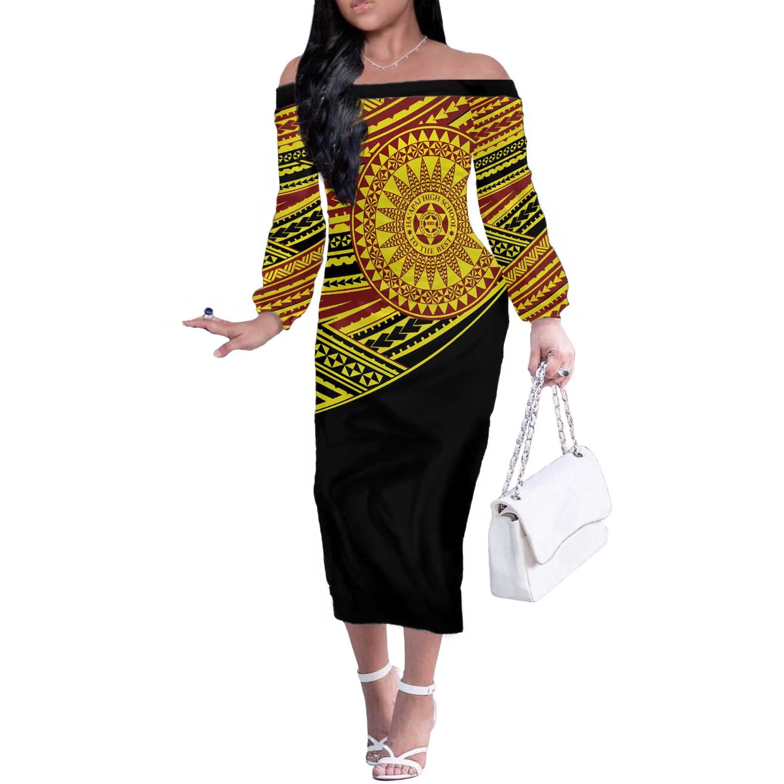Personalised Tonga Ha apai High School Off The Shoulder Long Sleeve Dress Ngatu Fonulei Pattern