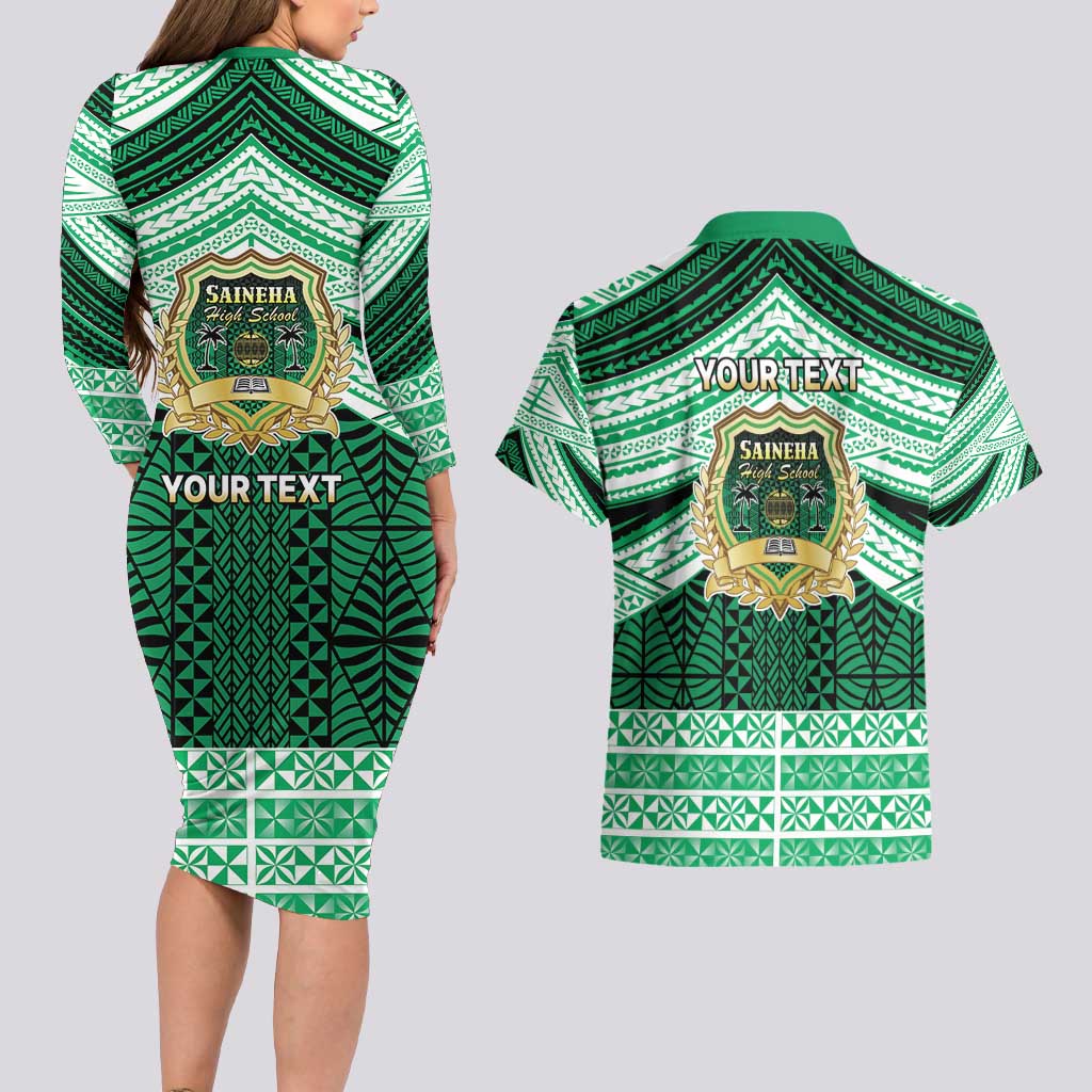 Personalised Tonga Saineha High School Couples Matching Long Sleeve Bodycon Dress and Hawaiian Shirt Polynesian Ngatu Tribal LT9 - Polynesian Pride