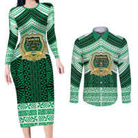 Personalised Tonga Saineha High School Couples Matching Long Sleeve Bodycon Dress and Long Sleeve Button Shirt Polynesian Ngatu Tribal LT9 Green - Polynesian Pride
