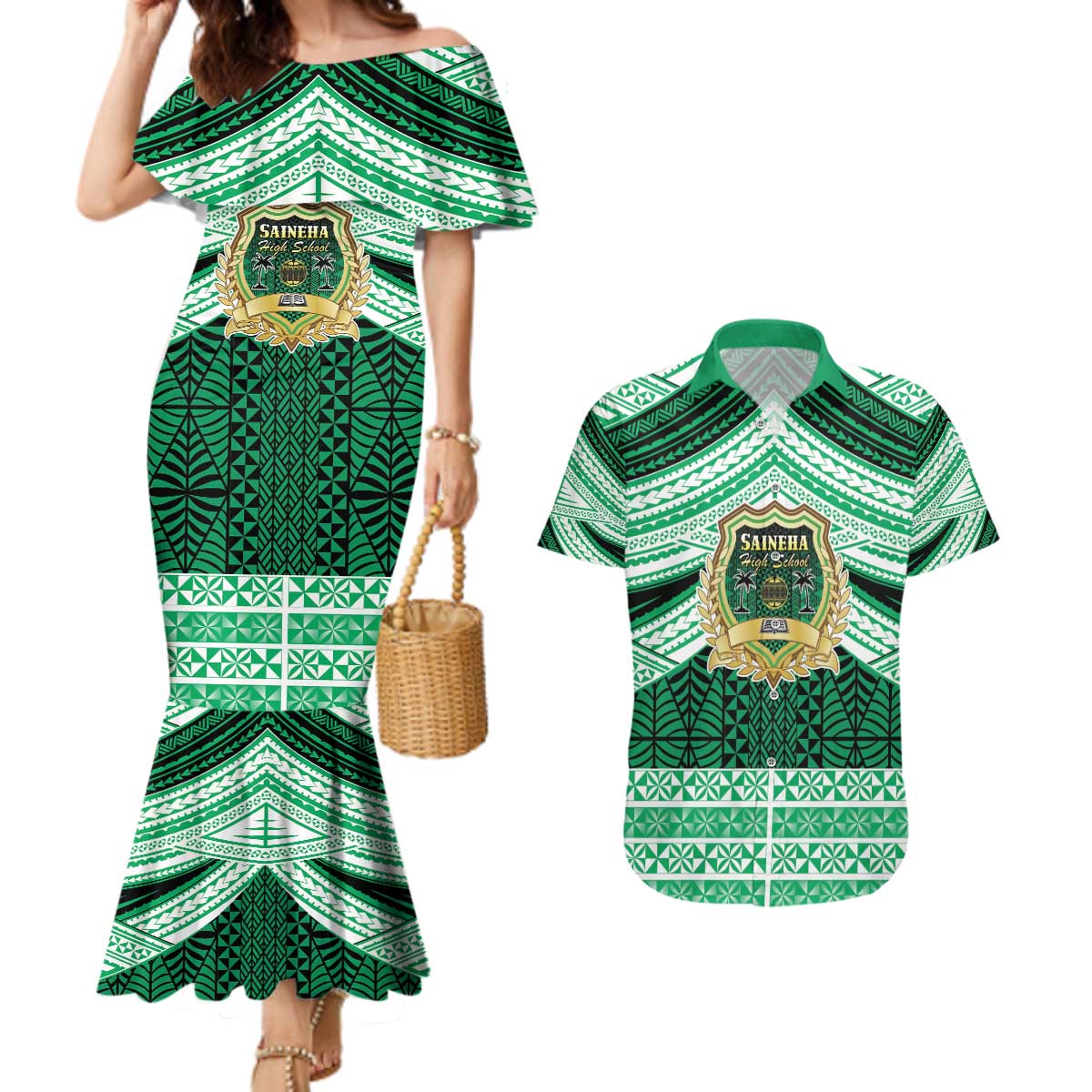 Personalised Tonga Saineha High School Couples Matching Mermaid Dress and Hawaiian Shirt Polynesian Ngatu Tribal LT9 Green - Polynesian Pride