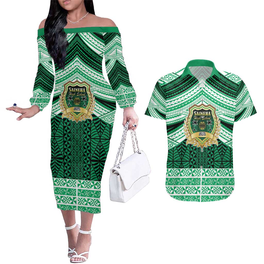 Personalised Tonga Saineha High School Couples Matching Off The Shoulder Long Sleeve Dress and Hawaiian Shirt Polynesian Ngatu Tribal LT9 Green - Polynesian Pride