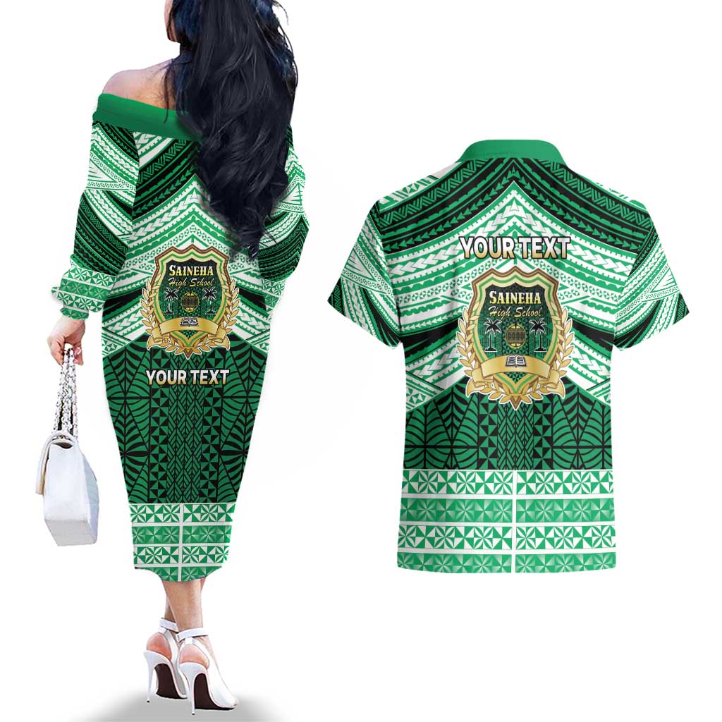 Personalised Tonga Saineha High School Couples Matching Off The Shoulder Long Sleeve Dress and Hawaiian Shirt Polynesian Ngatu Tribal LT9 - Polynesian Pride
