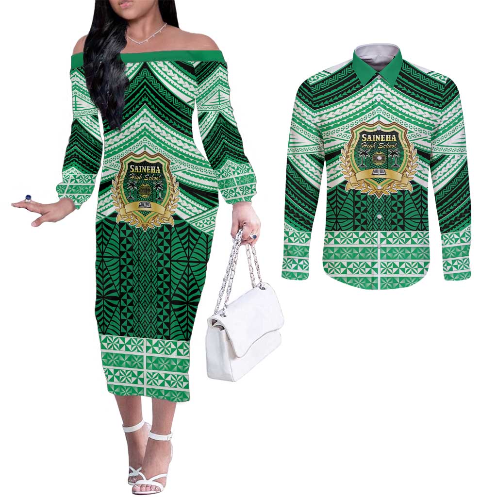 Personalised Tonga Saineha High School Couples Matching Off The Shoulder Long Sleeve Dress and Long Sleeve Button Shirt Polynesian Ngatu Tribal LT9 Green - Polynesian Pride