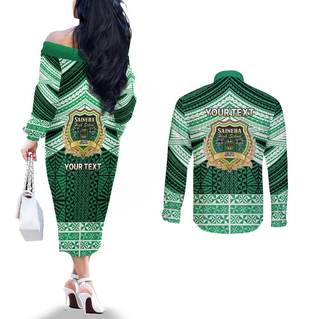 Personalised Tonga Saineha High School Couples Matching Off The Shoulder Long Sleeve Dress and Long Sleeve Button Shirt Polynesian Ngatu Tribal LT9 - Polynesian Pride