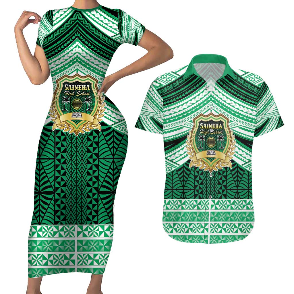 Personalised Tonga Saineha High School Couples Matching Short Sleeve Bodycon Dress and Hawaiian Shirt Polynesian Ngatu Tribal LT9 Green - Polynesian Pride