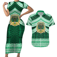Personalised Tonga Saineha High School Couples Matching Short Sleeve Bodycon Dress and Hawaiian Shirt Polynesian Ngatu Tribal LT9 Green - Polynesian Pride