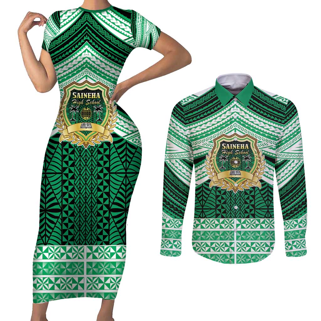 Personalised Tonga Saineha High School Couples Matching Short Sleeve Bodycon Dress and Long Sleeve Button Shirt Polynesian Ngatu Tribal LT9 Green - Polynesian Pride