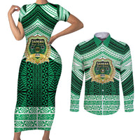 Personalised Tonga Saineha High School Couples Matching Short Sleeve Bodycon Dress and Long Sleeve Button Shirt Polynesian Ngatu Tribal LT9 Green - Polynesian Pride