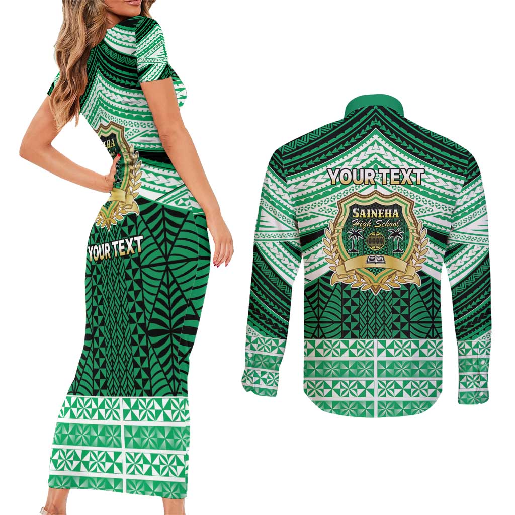 Personalised Tonga Saineha High School Couples Matching Short Sleeve Bodycon Dress and Long Sleeve Button Shirt Polynesian Ngatu Tribal LT9 - Polynesian Pride