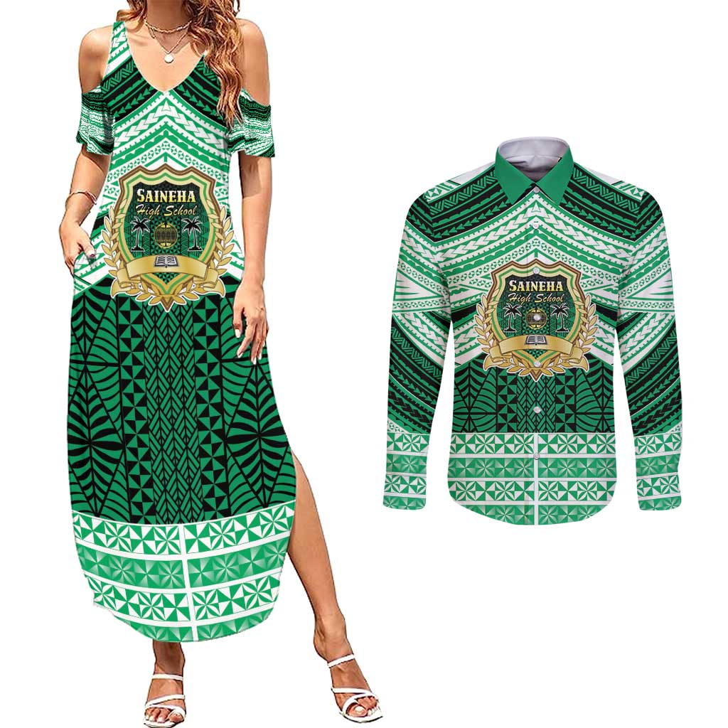 Personalised Tonga Saineha High School Couples Matching Summer Maxi Dress and Long Sleeve Button Shirt Polynesian Ngatu Tribal