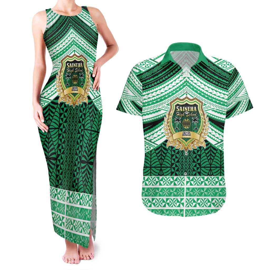 Personalised Tonga Saineha High School Couples Matching Tank Maxi Dress and Hawaiian Shirt Polynesian Ngatu Tribal LT9 Green - Polynesian Pride