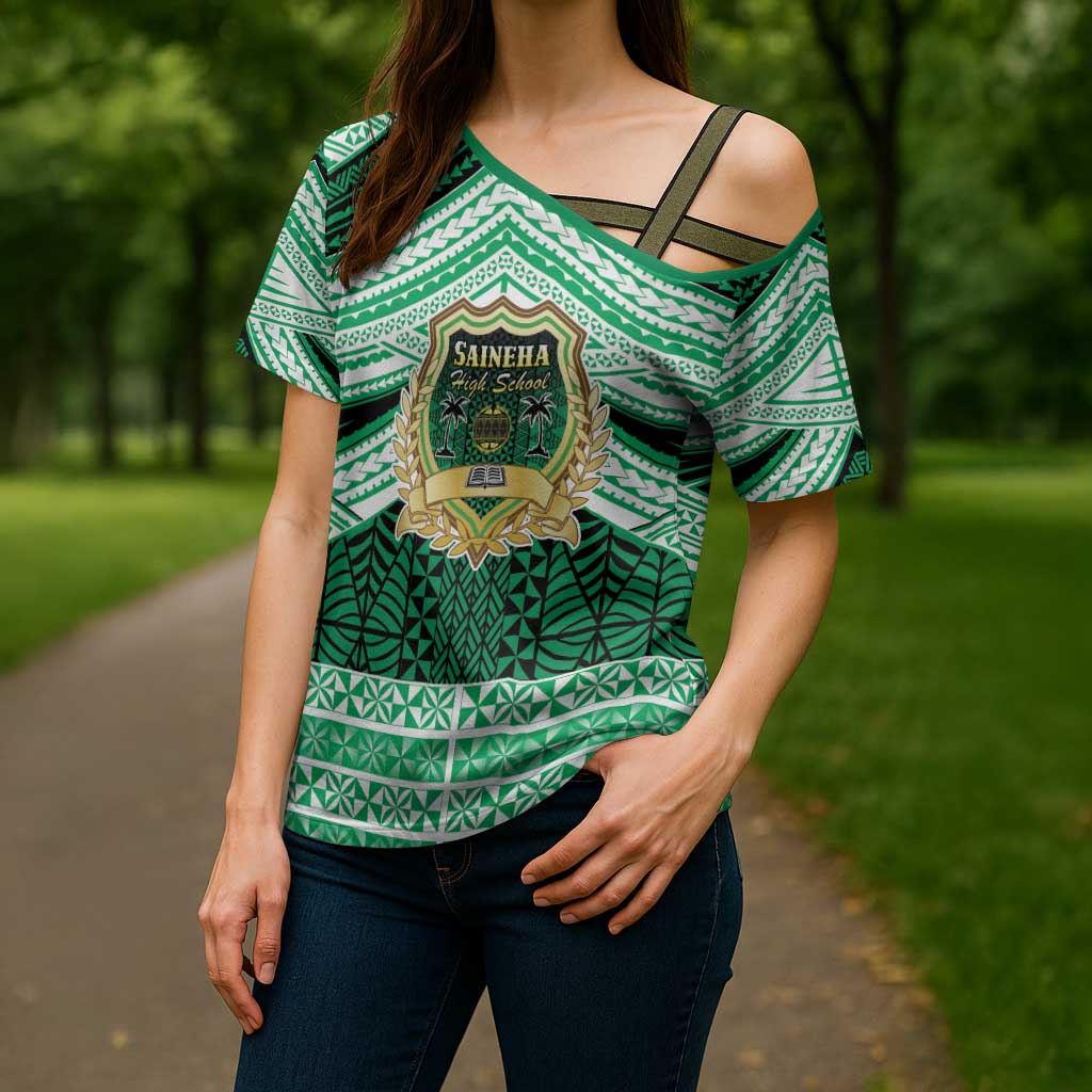 Personalised Tonga Saineha High School Cross Shoulder Shirt Polynesian Ngatu Tribal - Polynesian Pride