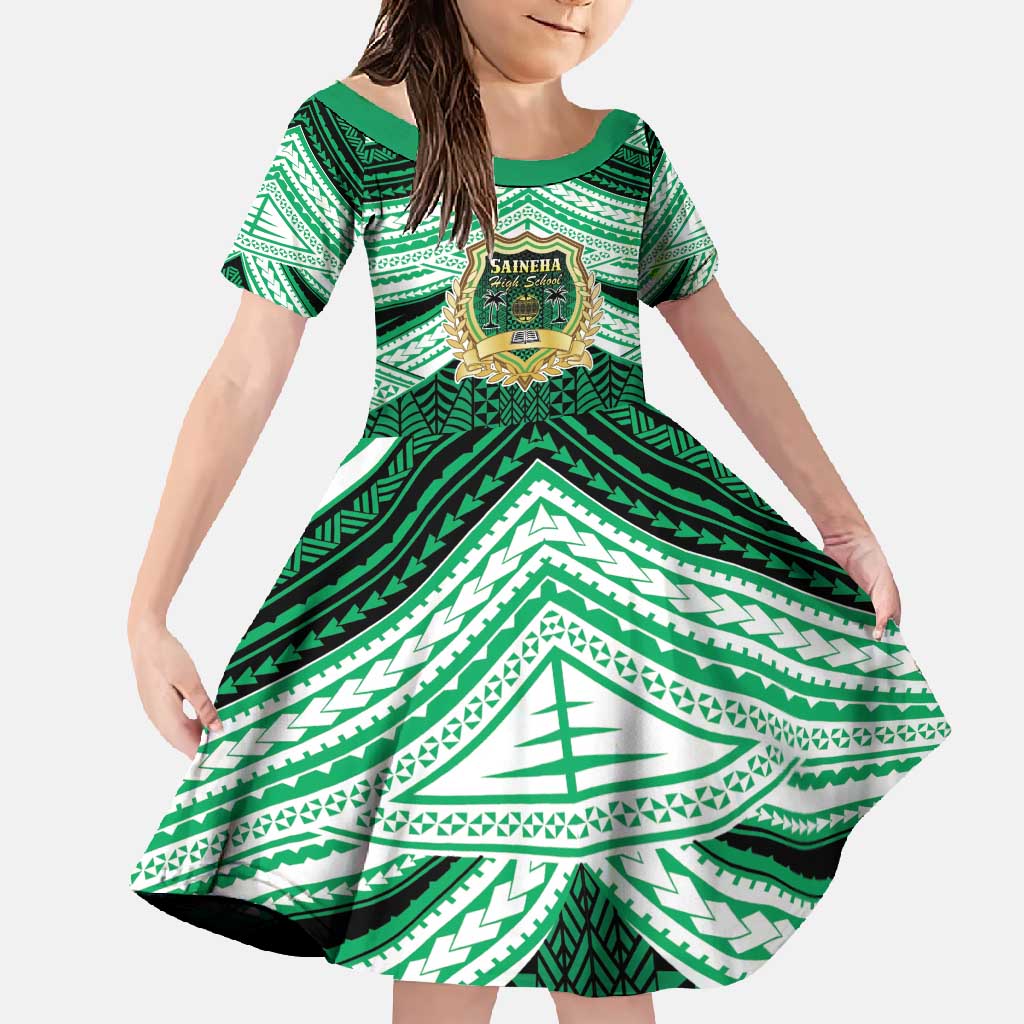 Personalised Tonga Saineha High School Family Matching Long Sleeve Bodycon Dress and Hawaiian Shirt Polynesian Ngatu Tribal LT9 Daughter's Dress Green - Polynesian Pride