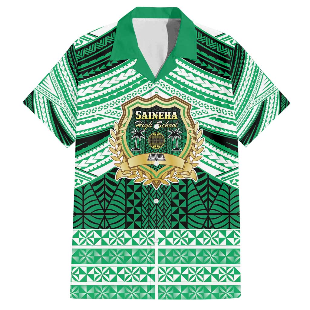 Personalised Tonga Saineha High School Family Matching Long Sleeve Bodycon Dress and Hawaiian Shirt Polynesian Ngatu Tribal LT9 Dad's Shirt - Short Sleeve Green - Polynesian Pride