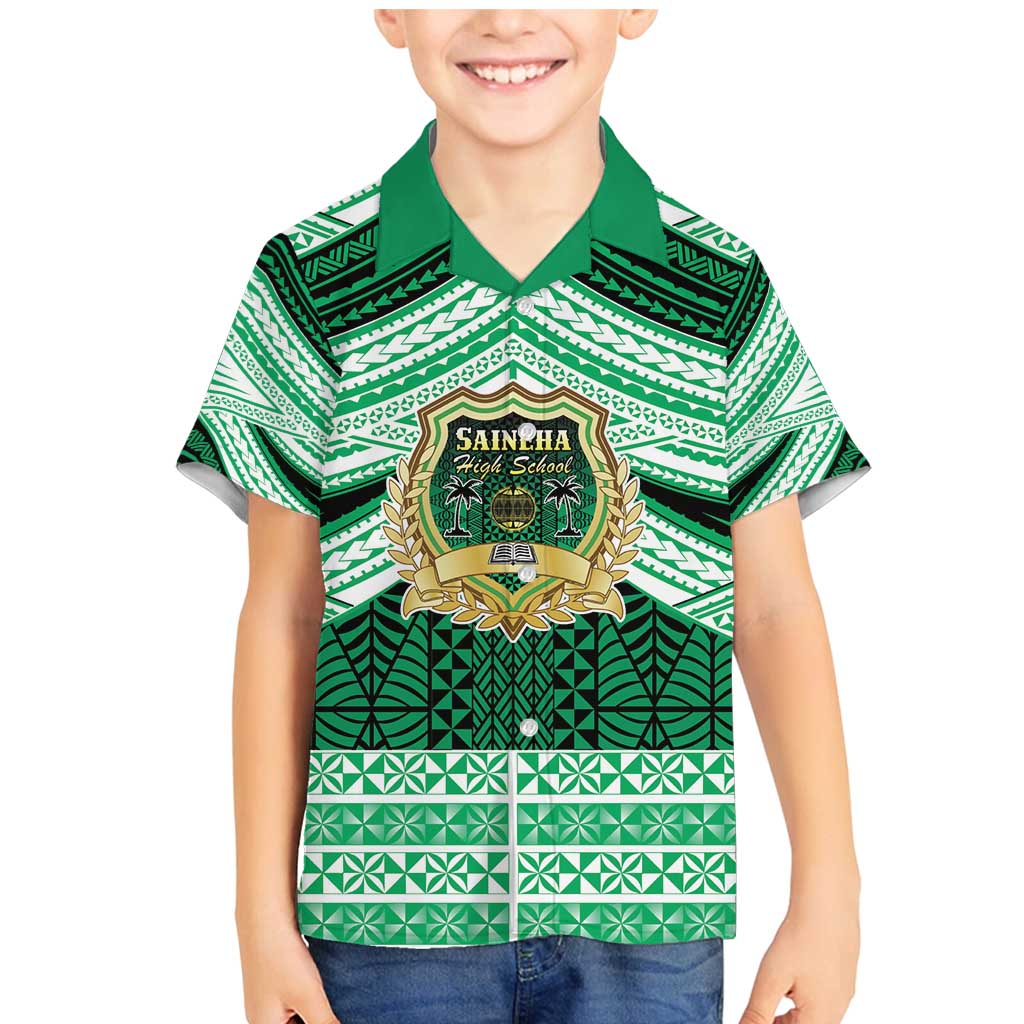 Personalised Tonga Saineha High School Family Matching Mermaid Dress and Hawaiian Shirt Polynesian Ngatu Tribal LT9 Son's Shirt Green - Polynesian Pride