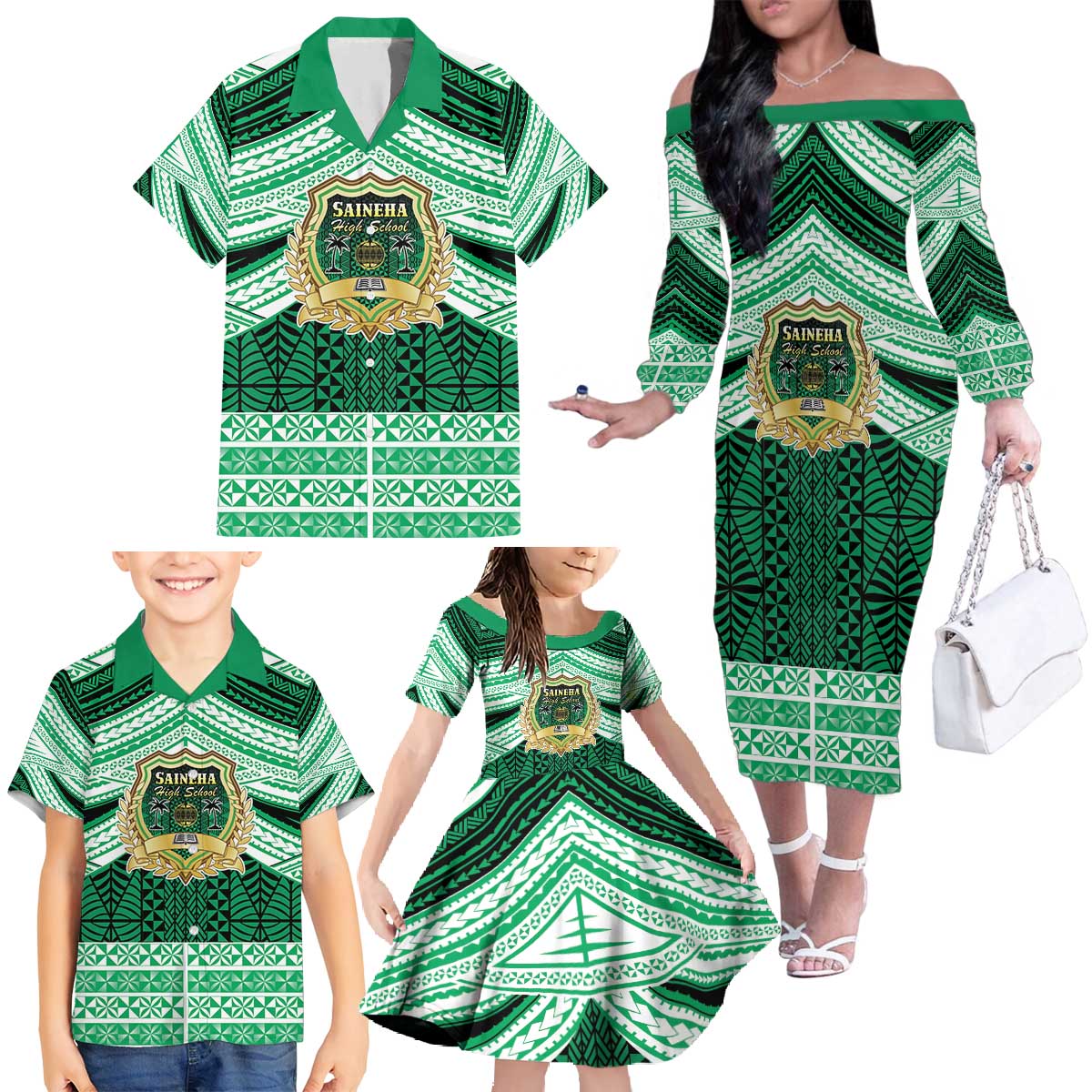 Personalised Tonga Saineha High School Family Matching Off The Shoulder Long Sleeve Dress and Hawaiian Shirt Polynesian Ngatu Tribal LT9 - Polynesian Pride