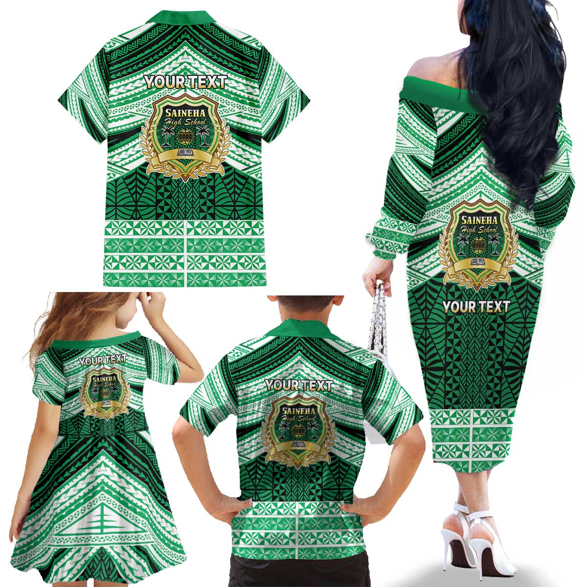 Personalised Tonga Saineha High School Family Matching Off The Shoulder Long Sleeve Dress and Hawaiian Shirt Polynesian Ngatu Tribal LT9 - Polynesian Pride