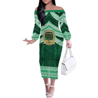 Personalised Tonga Saineha High School Family Matching Off The Shoulder Long Sleeve Dress and Hawaiian Shirt Polynesian Ngatu Tribal LT9 Mom's Dress Green - Polynesian Pride