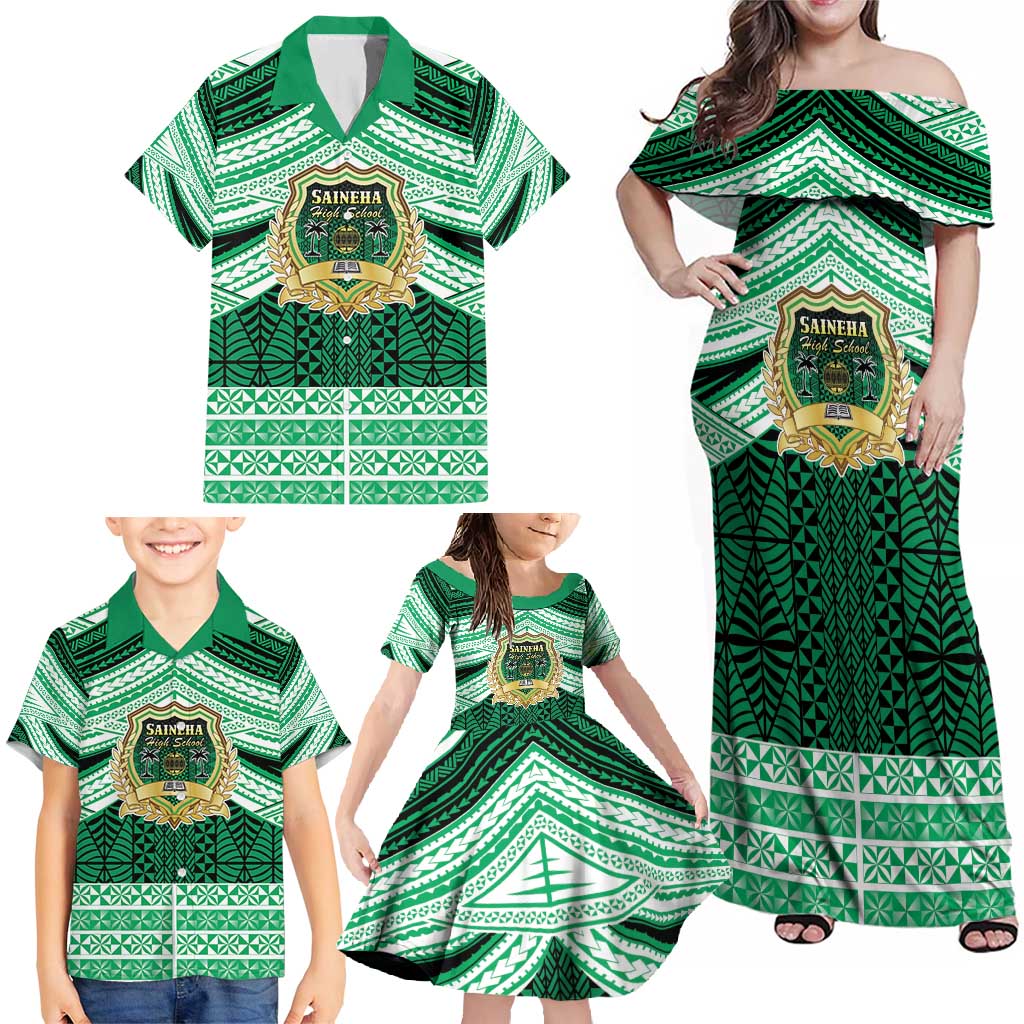 Personalised Tonga Saineha High School Family Matching Off Shoulder Maxi Dress and Hawaiian Shirt Polynesian Ngatu Tribal LT9 - Polynesian Pride