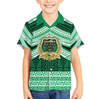 Personalised Tonga Saineha High School Family Matching Off Shoulder Short Dress and Hawaiian Shirt Polynesian Ngatu Tribal LT9 Son's Shirt Green - Polynesian Pride