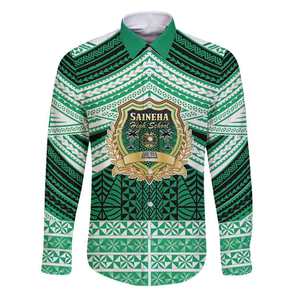 Personalised Tonga Saineha High School Family Matching Summer Maxi Dress and Hawaiian Shirt Polynesian Ngatu Tribal LT9 Dad's Shirt - Long Sleeve Green - Polynesian Pride