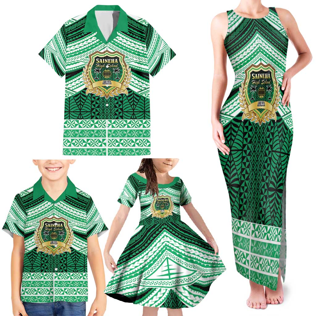 Personalised Tonga Saineha High School Family Matching Tank Maxi Dress and Hawaiian Shirt Polynesian Ngatu Tribal