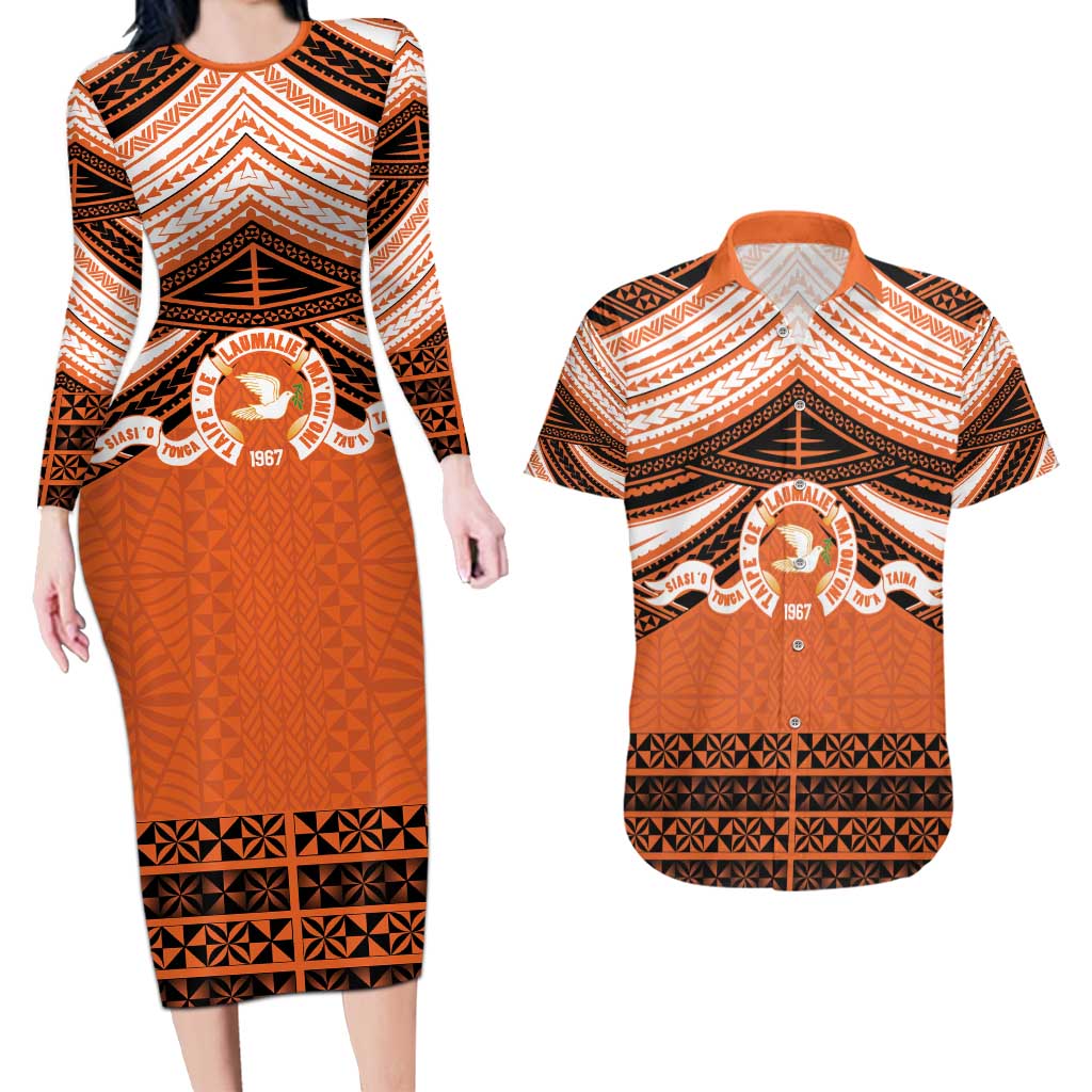 Personalised Tonga Tailulu College Couples Matching Long Sleeve Bodycon Dress and Hawaiian Shirt Polynesian Ngatu Tribal LT9 Orange - Polynesian Pride