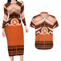 Personalised Tonga Tailulu College Couples Matching Long Sleeve Bodycon Dress and Hawaiian Shirt Polynesian Ngatu Tribal LT9 Orange - Polynesian Pride