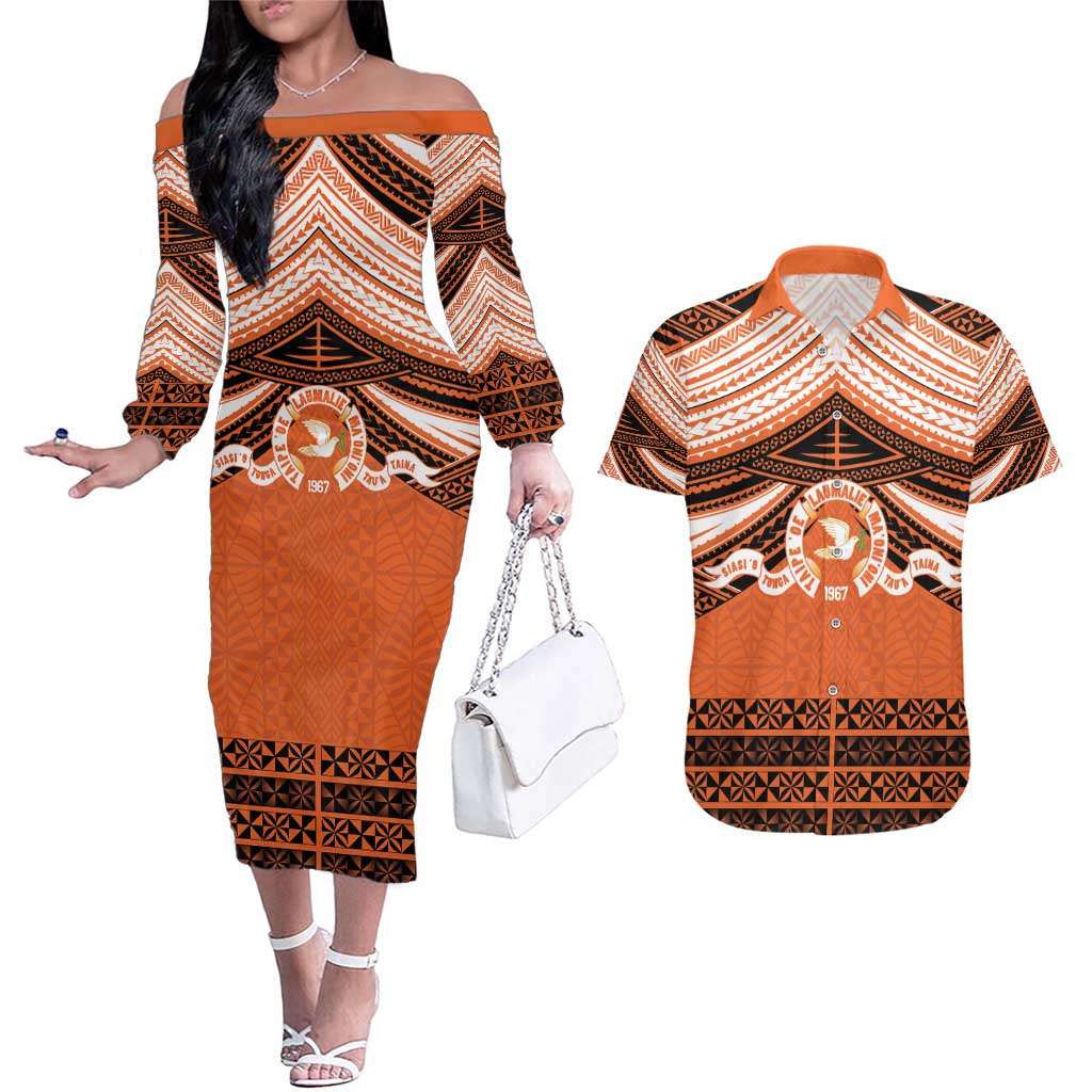 Personalised Tonga Tailulu College Couples Matching Off The Shoulder Long Sleeve Dress and Hawaiian Shirt Polynesian Ngatu Tribal LT9 Orange - Polynesian Pride