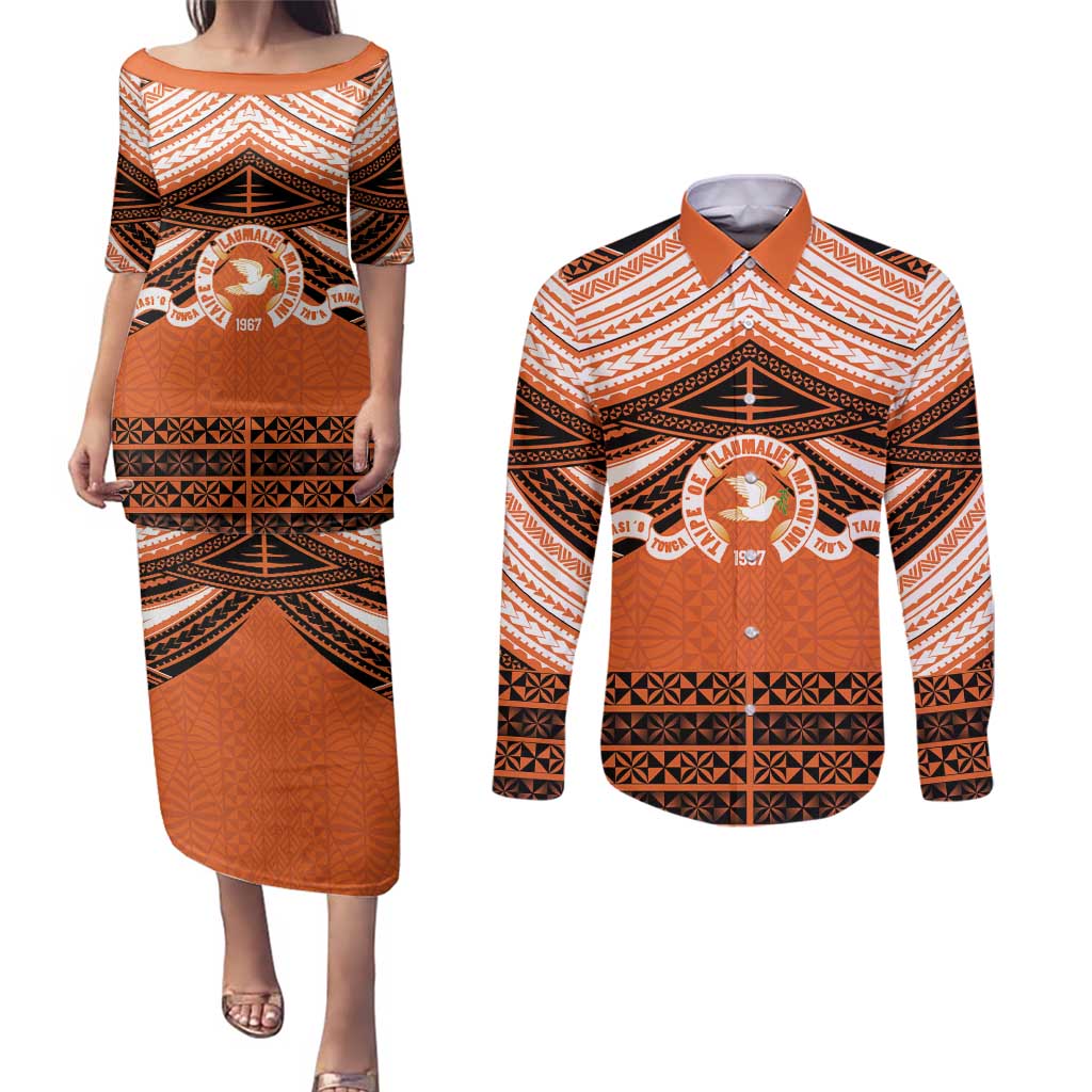 Personalised Tonga Tailulu College Couples Matching Puletasi and Long Sleeve Button Shirt Polynesian Ngatu Tribal