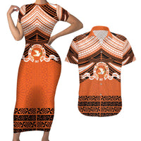 Personalised Tonga Tailulu College Couples Matching Short Sleeve Bodycon Dress and Hawaiian Shirt Polynesian Ngatu Tribal LT9 Orange - Polynesian Pride