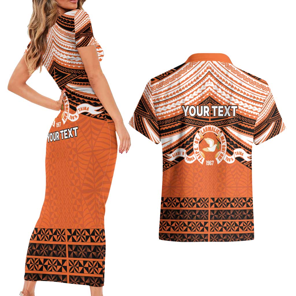Personalised Tonga Tailulu College Couples Matching Short Sleeve Bodycon Dress and Hawaiian Shirt Polynesian Ngatu Tribal LT9 - Polynesian Pride